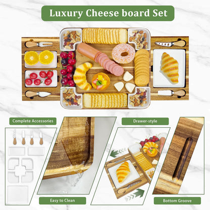 Graceware Charcuterie Board Set(16.5"×15"×2.8") - Premium Wooden Cheese Board with Four Ceramic Bowls and Charcuterie Boards Accessories for Bridal Shower Gifts, Wedding Gifts & Housewarming
