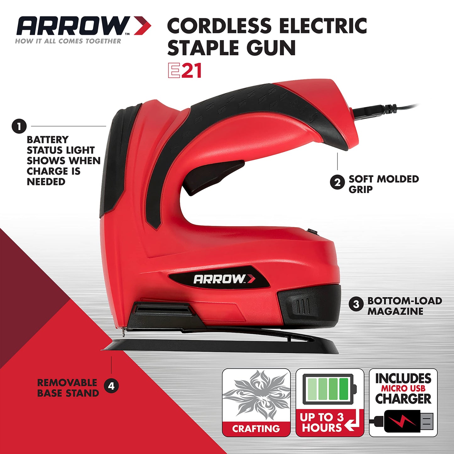 Arrow Fastener Arrow E21 Cordless Electric Light Duty Staple Gun, Black/Red