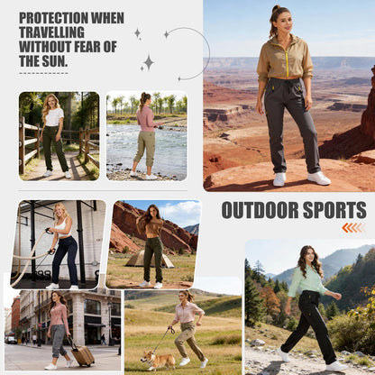 Womens Hiking Pants Quick Dry UPF 50 Lightweight Travel Golf Cargo Safari Pants Zipper Pockets,6608,Blue,Petite XL