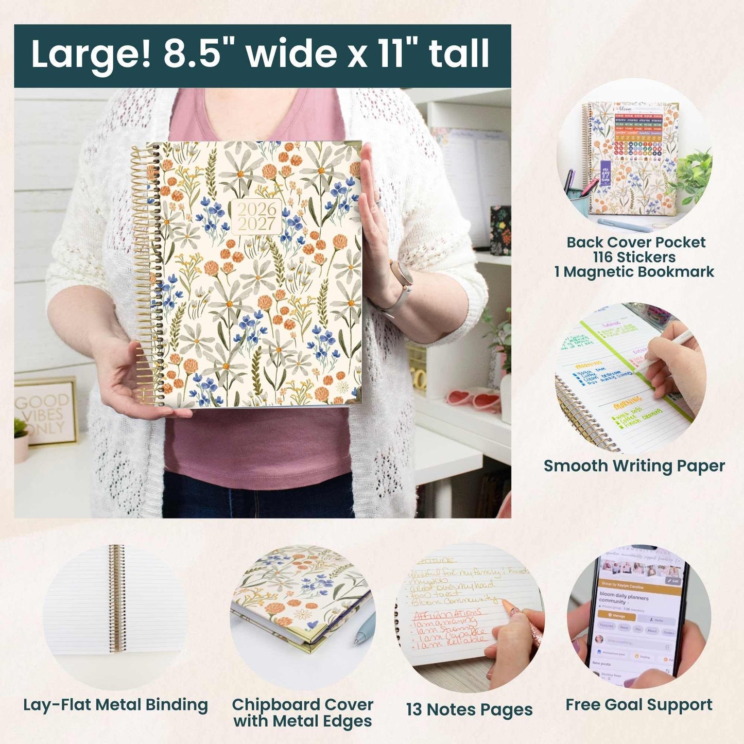 bloom daily planners HARDCOVER Planner 2026-2027 (8.5" x 11") Academic Year (July 2026 - July 2027) - 13 Months Task Goal Planner for Women - Monthly & Weekly Agenda Book - Whimsical Wildflowers