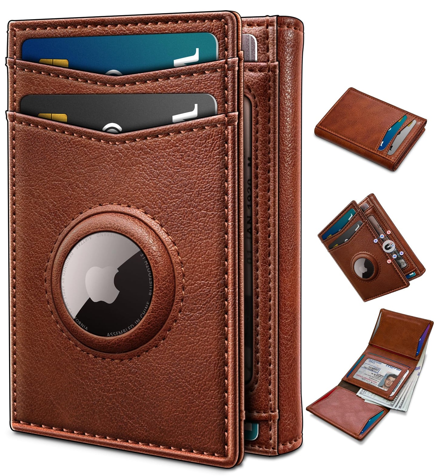 miyozi Airtag Wallet for Men,with Cash Pocket 2 ID Window 14-16 Cards Magnetic Closure Slim Trifold Leather Wallet 4.0"x3.1", RFID Blocking Front Pocket Wallet with Gift Box