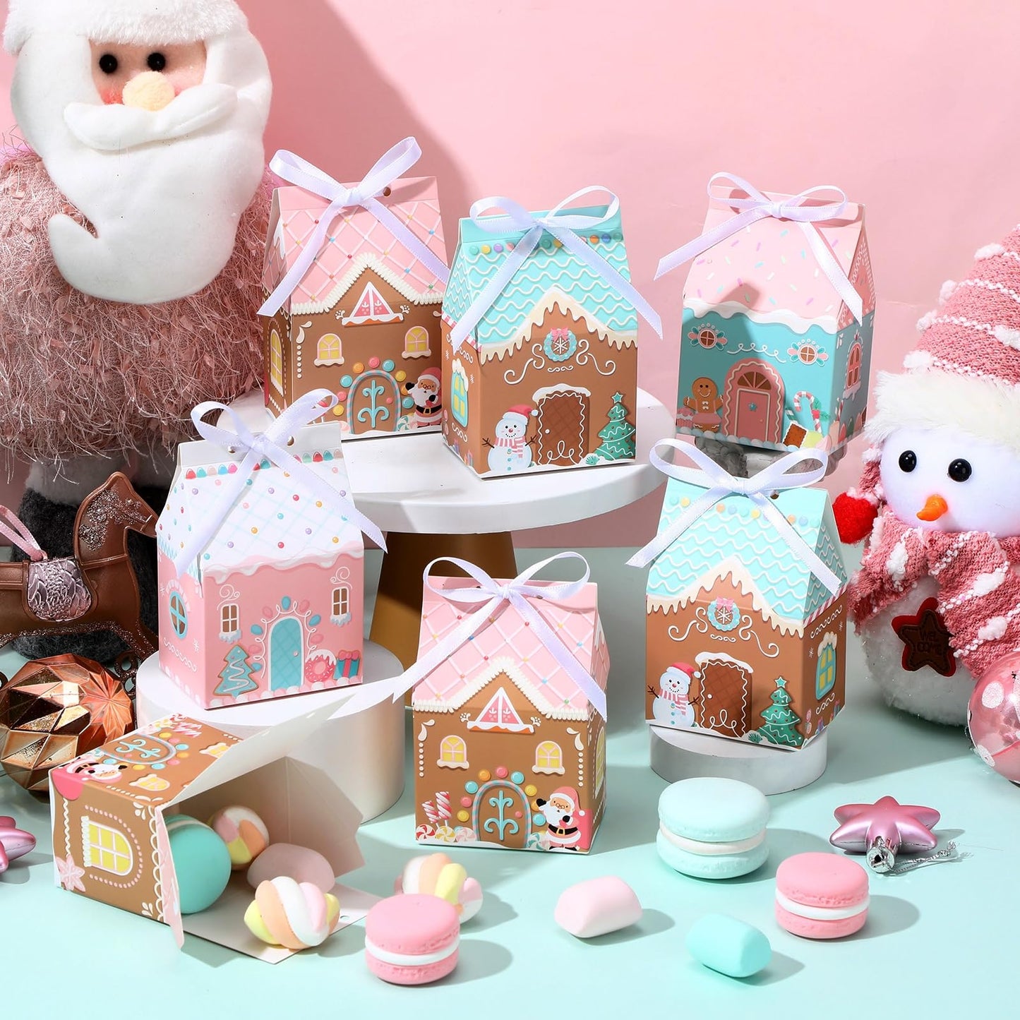 Kritkin 24 Pcs Small Pink Gingerbread House Gift Boxes with Ribbon Mini Christmas Gingerbread House Boxes for Mini Cookie Container Snacks Macaron Candy Dessert Wrapping Holiday Gifts Giving