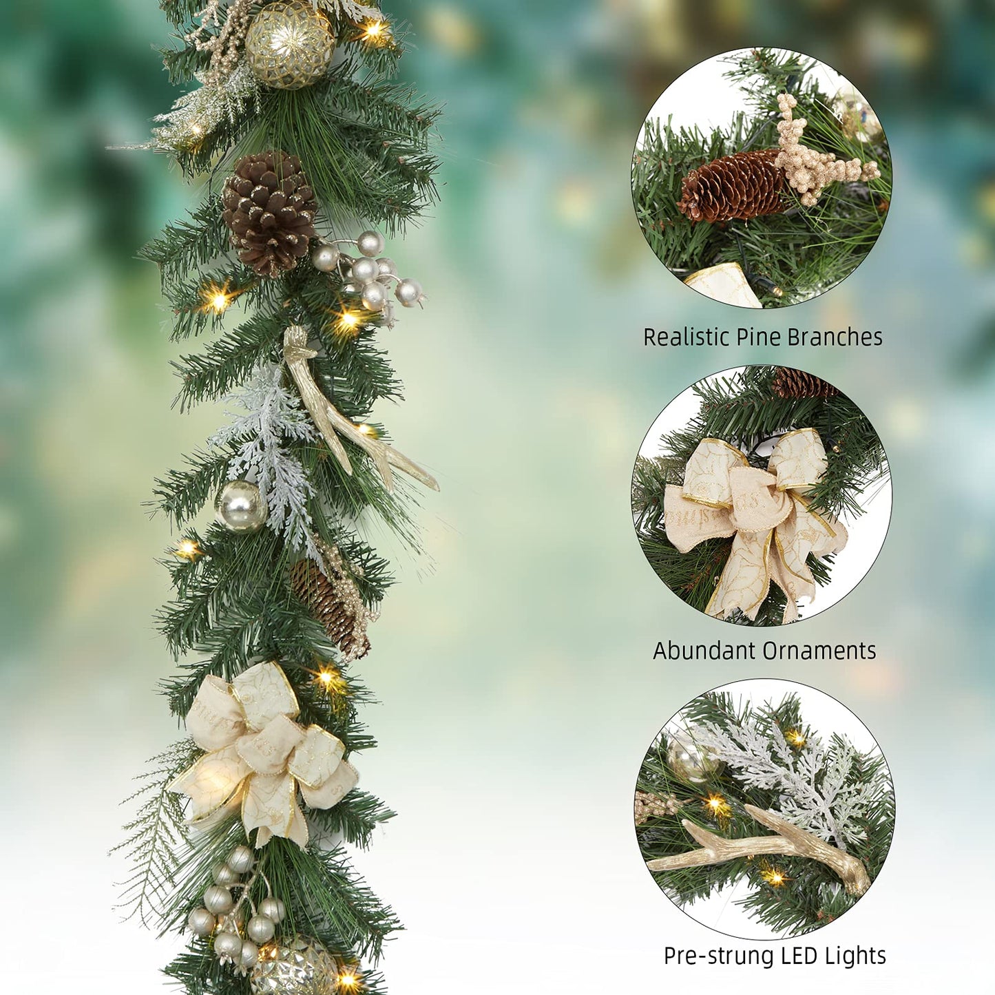 LinTimes Christmas Garland with 20 Led Lights, 6 Ft Pre-Lit Gold Xmas Garland with Faux Antlers Bow-Knot Ball Ornaments, Battery Operated Garland with Timer for Mantle Staircase Table Decoration