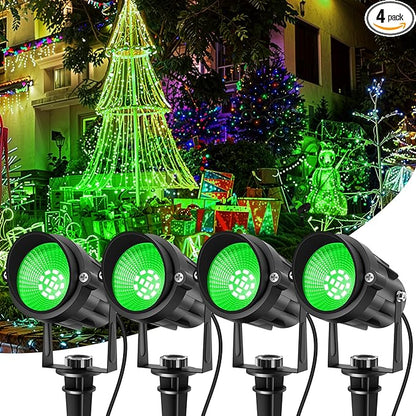 Christmas Green Spotlight Outdoor, 14 LED Landscape Lighting with US Plug, IP65 Waterproof Spotlights for Tree Yard Garden Pathway Halloween St. Patrick's Day Decor 4 Pack