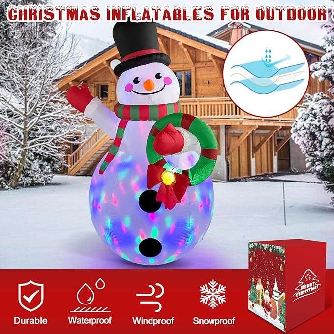 Danxilu 6 FT Christmas Inflatable Snowman with Colorful Rotating Led Lights Outdoor Yard Decorations, Blow up Snowman with Wreath and Cheerful Waving Xmas Decor for Garden Lawn Porch Holiday Party