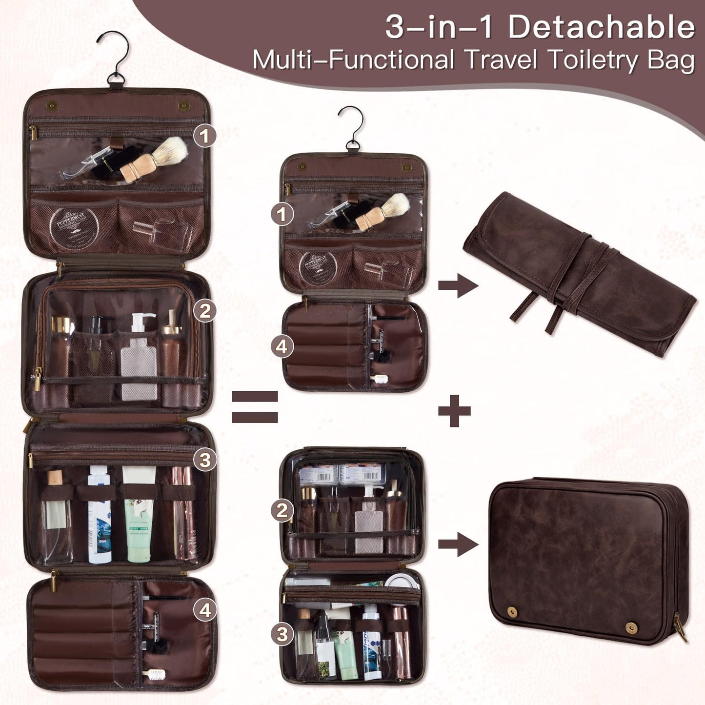 Aganmi Personalized Hanging Toiletry Bag Travel Gifts for Men Him, 3-in-1 Large Laser-Engraved Initial Waterproof PU Leather Shaving Bag Valentines Birthday Gift for Men Dad Husband Dark Brown M