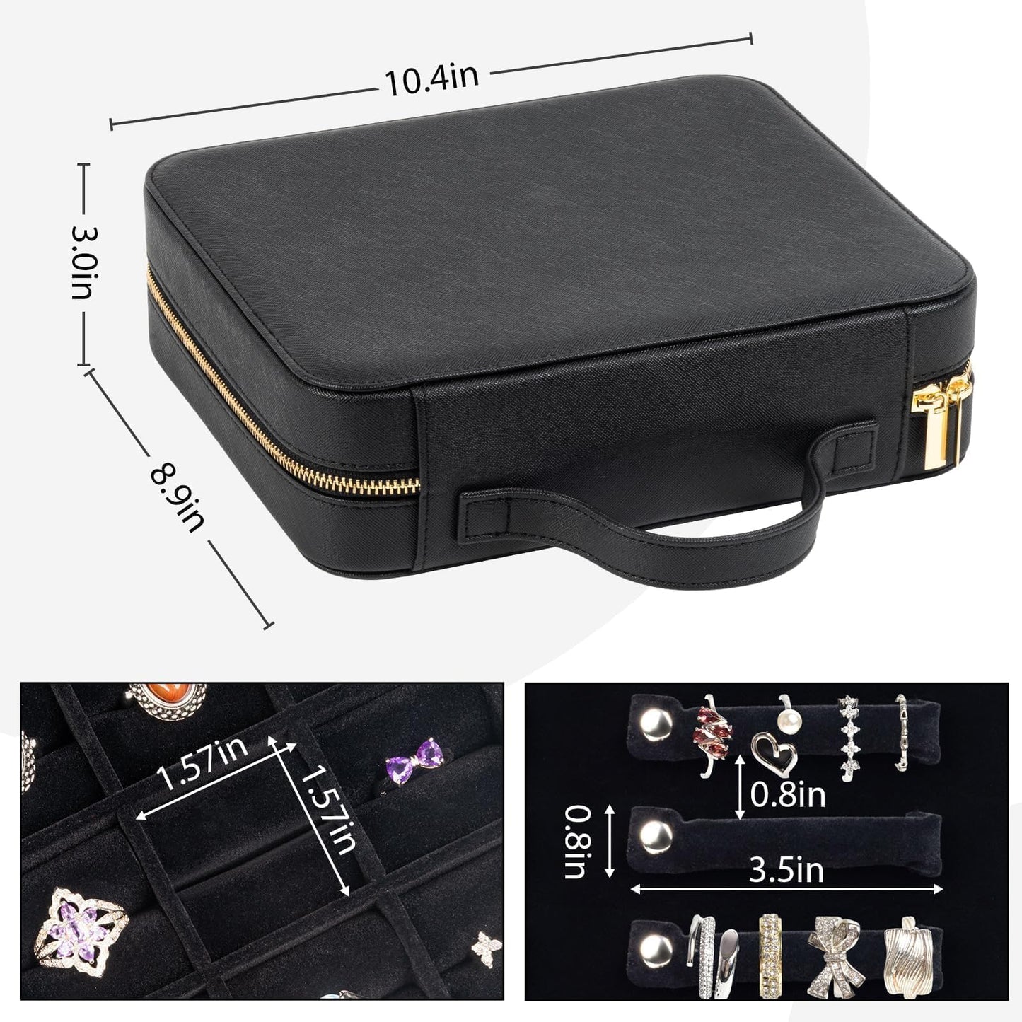 Luxury Velvet Ring Storage Organizer Case, Leather Ring Holder for Women/ Girls/ Mothers/ Wife, Portable Jewelry Display Box with Large Capacity for 90+ Rings, Earrings, Necklaces - Black(Case Only)