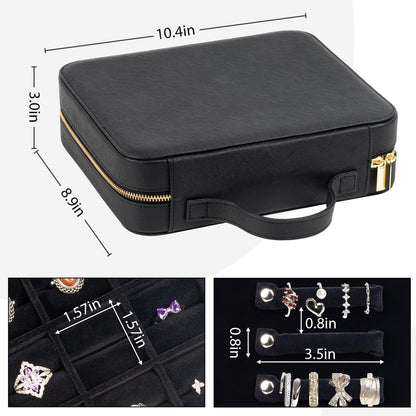 Luxury Velvet Ring Storage Organizer Case, Leather Ring Holder for Women/ Girls/ Mothers/ Wife, Portable Jewelry Display Box with Large Capacity for 90+ Rings, Earrings, Necklaces - Black(Case Only)