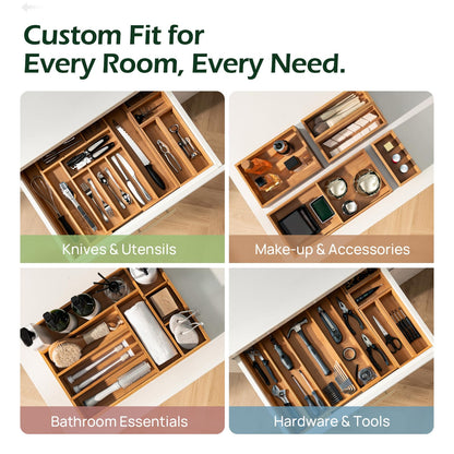 Carbonized Bamboo Kitchen Drawer Organizer, 8 Slots Silverware Organizer, Utensil Holder & Cutlery Tray, 2.2" Deep for Extra Capacity, Non-Slip Feet Included