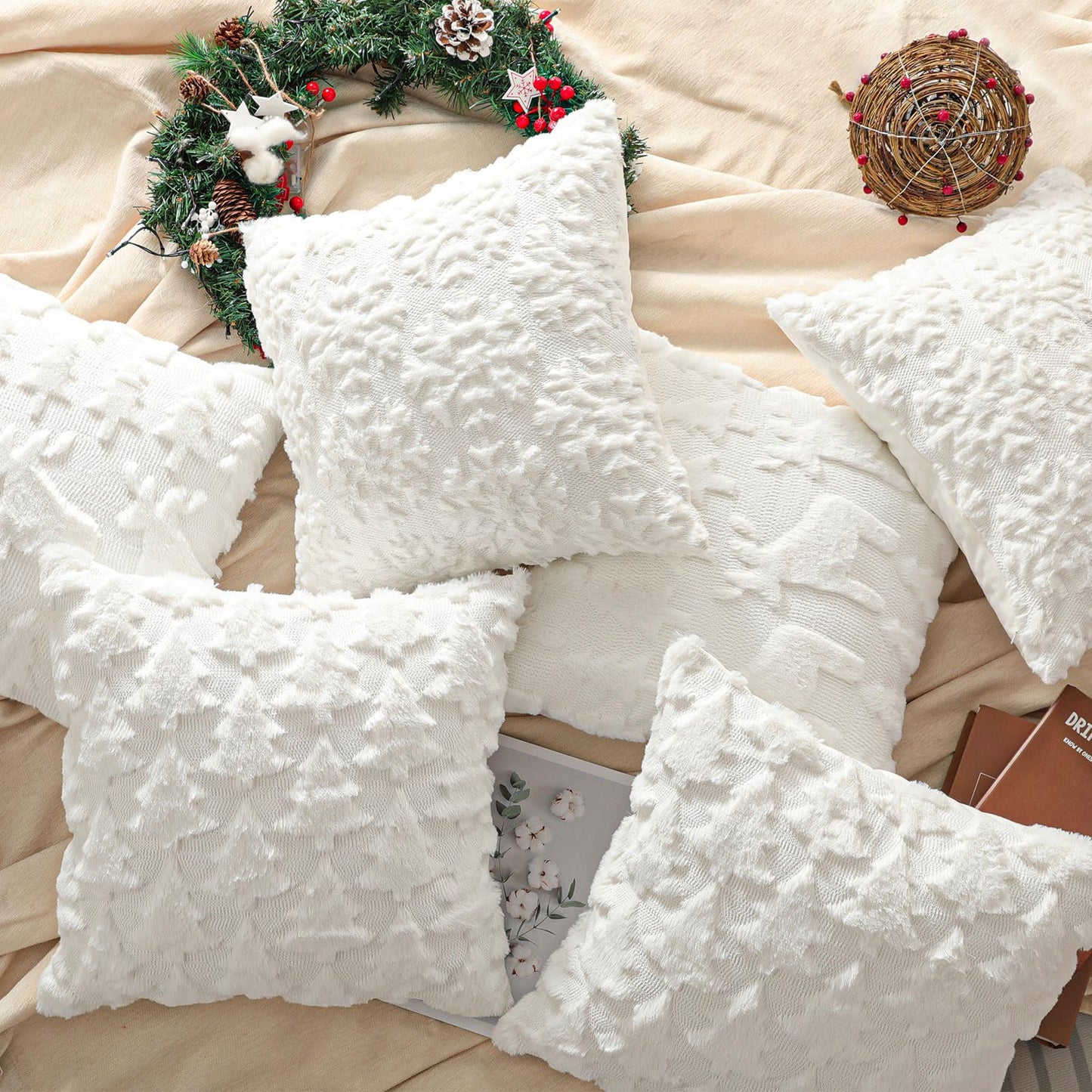 Lewondr Christmas Throw Pillow Cover 18x18, Set of 2 Super Soft Pillow Covers Velvet Christmas Tree Embroidery Decorative Throw Pillowcase for Living Room Bed Couch Sofa Car Home Decor, White