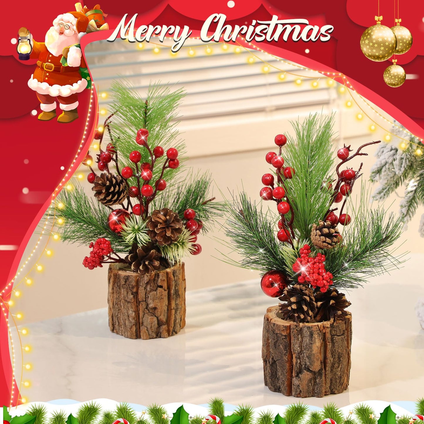 Solsew 3 Pcs 11 Inch Tabletop Christmas Tree Decorations with Christmas Ornaments Pine Cone Berry Bookshelf Decor for Holiday Room Party Winter Home Indoor Outdoor (Classic)