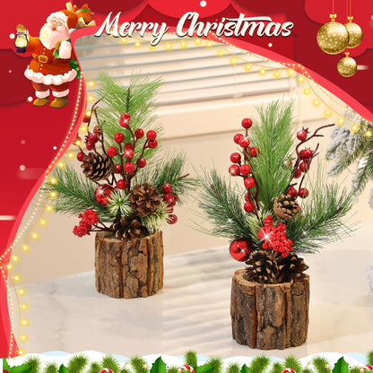 Solsew 3 Pcs 11 Inch Tabletop Christmas Tree Decorations with Christmas Ornaments Pine Cone Berry Bookshelf Decor for Holiday Room Party Winter Home Indoor Outdoor (Classic)