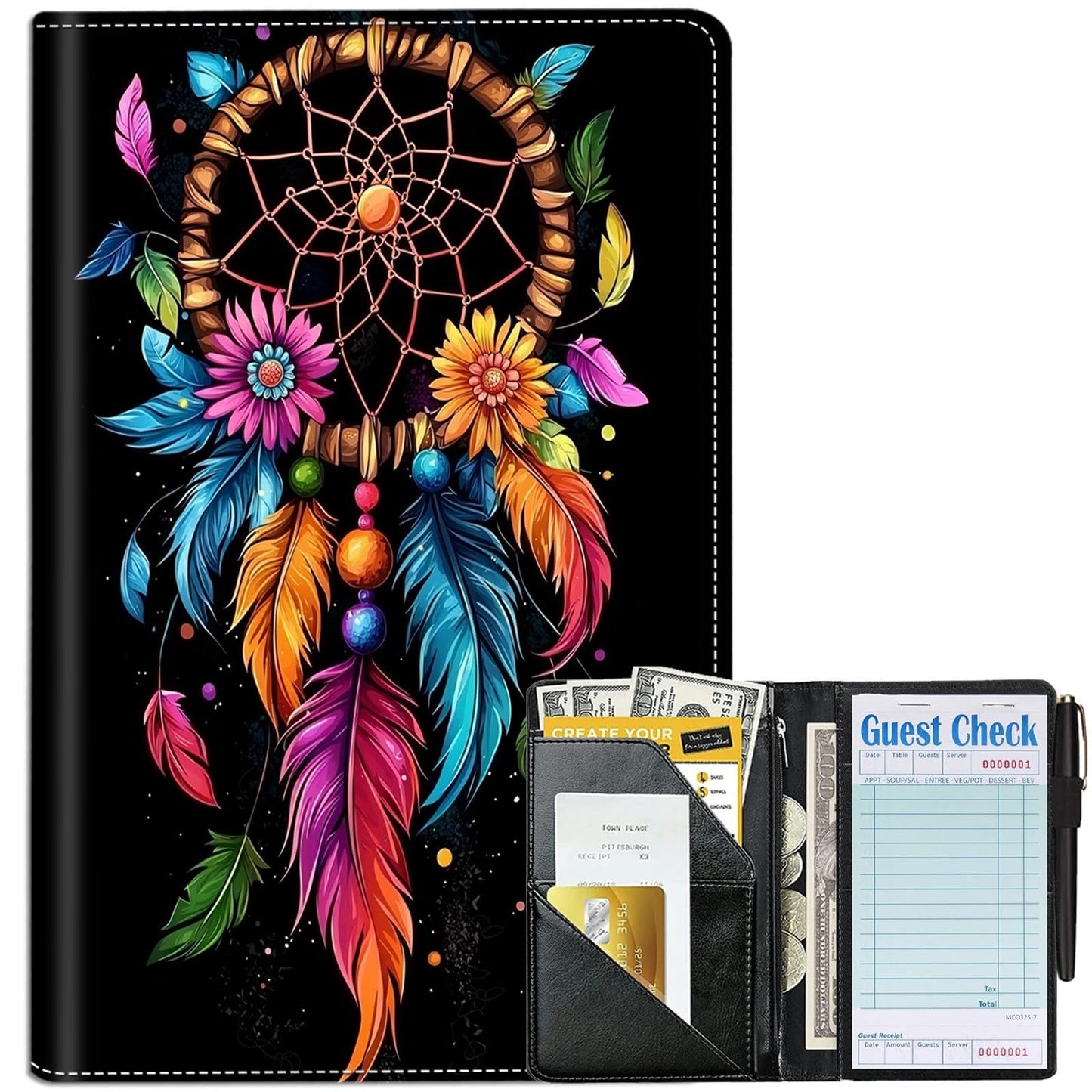 DHYYDSQZ Server Books for Waitress Waiter Book with Zipper Money Pocket Dream Catcher Design PU Leather Cute Waitstaff Organizer Black Waiter Serving Book Wallet with Pen Holder Fit Server Apron