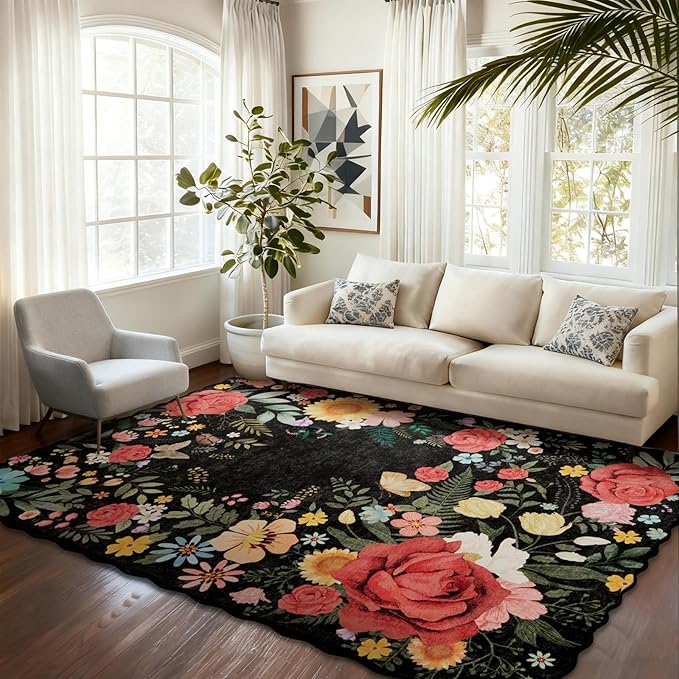 Washable Rugs for Living Room: 5x7 Area Rugs for Bedroom Soft Ultra Thin Stain Resistant Non Slip Low Pile Lightweight Vintage Floral Carpet for Dining Room Decor (Black)