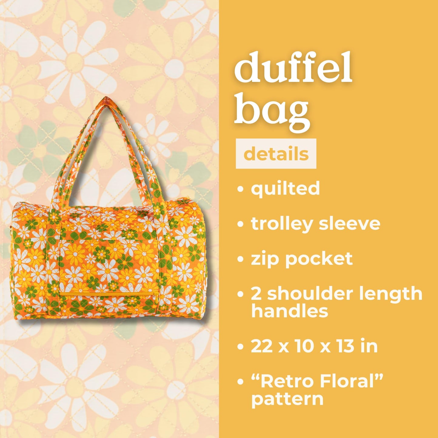 ban.do Quilted Duffel Bag for Women, Large Carry On Travel Weekend Bag with Top and Shoulder Straps, Retro Floral