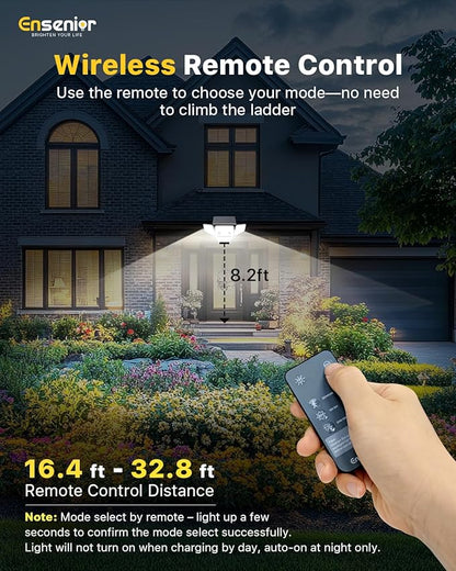Ensenior Solar Lights Outdoor, IP65 Waterproof Motion Sensor Outdoor Light with Remote Control, 279 LED 4 Heads Solar Security Light with 4 Mode, 270° Wide Angle Solar Flood Light for Outside, 3 Packs