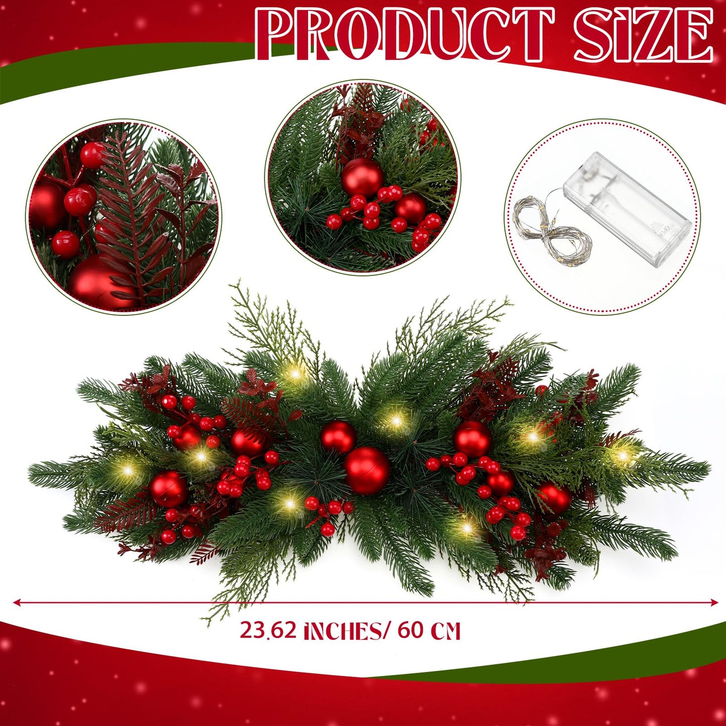 Yalikop 24.5 inch Christmas Swags with Light Artificial Pine Needles Swag Decoration Greenery Christmas Swag for Front Door Window Stair Fireplace Mantle Holiday Xmas Decor(Ball and Berry)