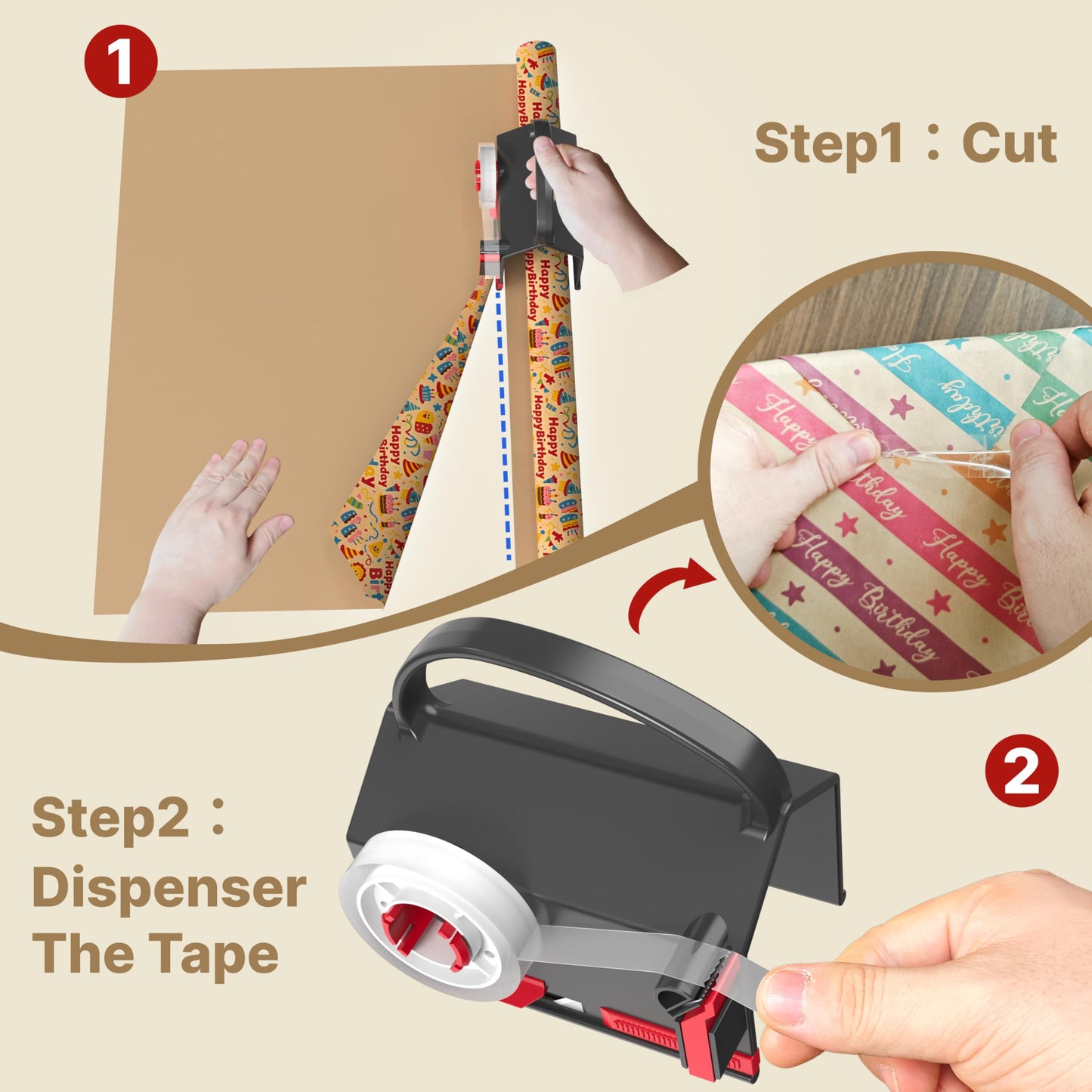 Wraprocut (2-Pack) Wrapping Paper Cutter & Tape Dispenser Dual Use with 4 Tapes，2 Replace Blades Kit for Christmas Gift Wrap Cutter Tool Paper Roll Holder Tube Sliding Slicing for Birthday Holiday.