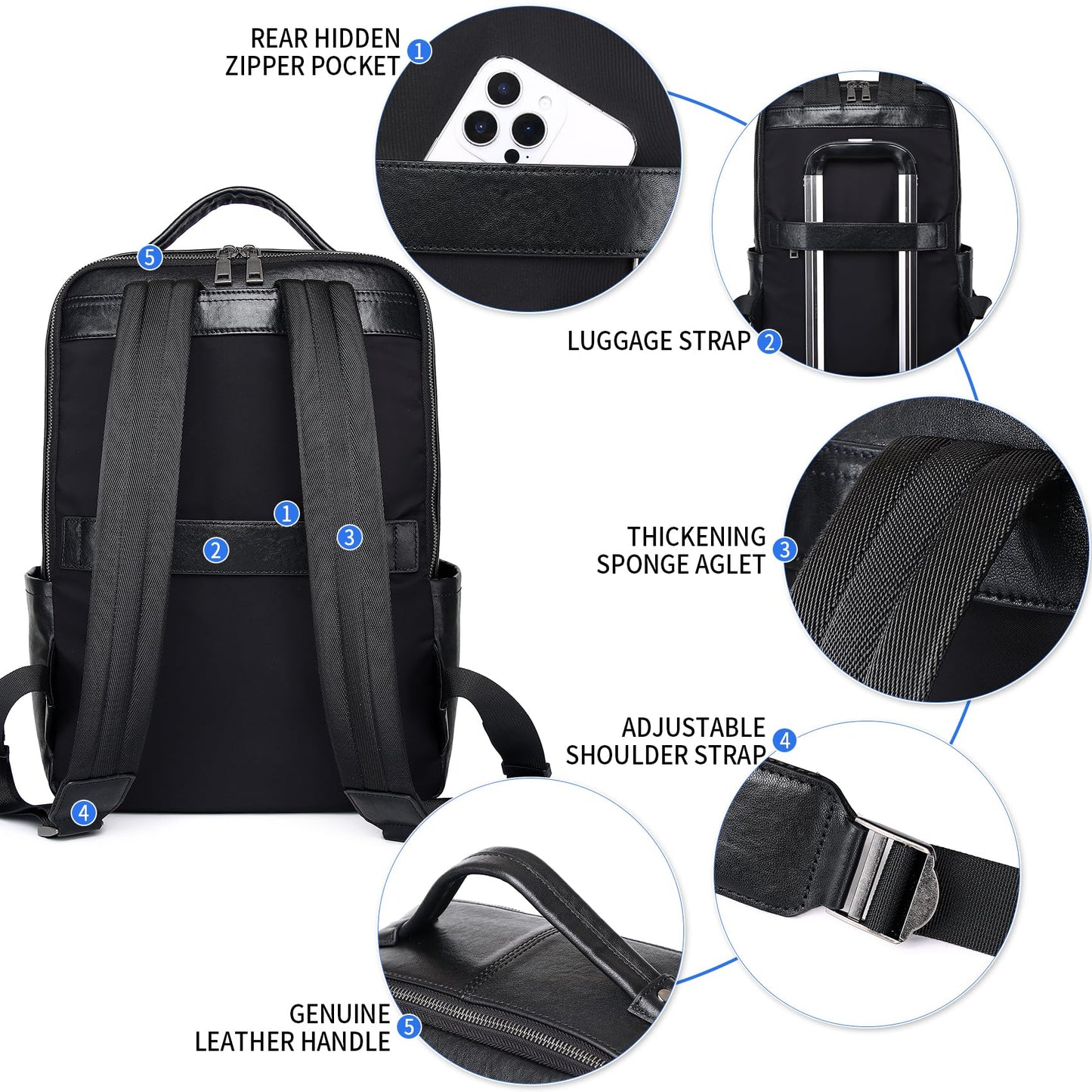Wesccimo Veg-Tan Genuine Leather Backpack for Men Multi-Functional 15.6" Laptop Backpack, Black Business Travel Luxury Backpack Work Daypack
