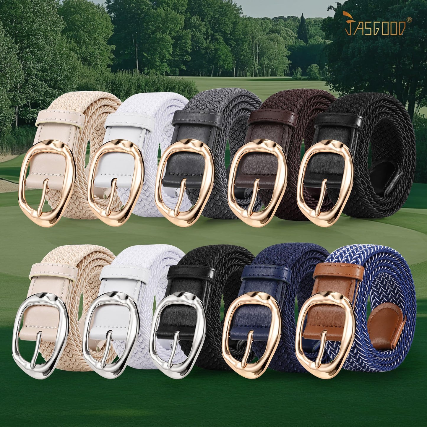 JASGOOD Braided Elastic Belt for Women Stretchy Woven Golf Belt Casual Web Belt for Jeans Pants with Gold Buckle, Beige, Fit Waist Size 37inch-41inch