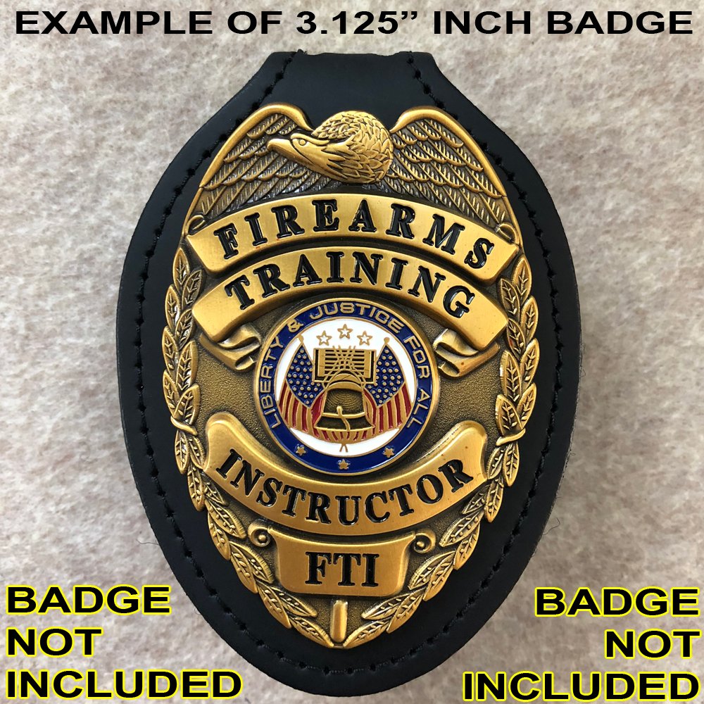 Oval Police Badge Holder Belt Clip - Optional to Use Around The Neck - Black Leather with Badge Polishing Cloth - Perfect Fit USA