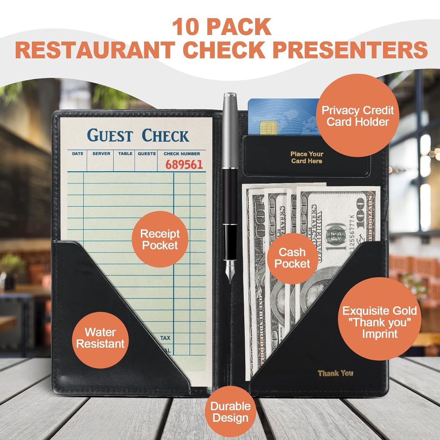 FLKQC Leather Restaurant Check Presenters, 10 Pack 9" x 5" Guest Check Card Holder with Gold Thank You Imprint for Severs, Bill Book Restaurant Supplies for Restaurants, Bar and Cafe (10, Black)