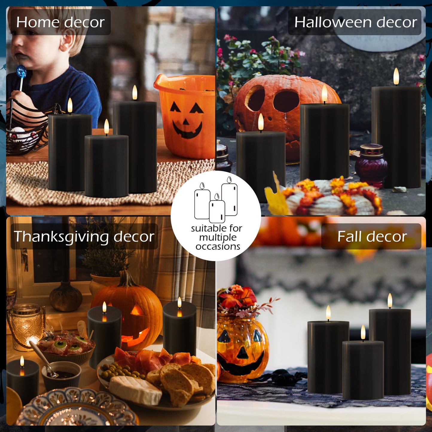 AFINETH Black Flameless Candles, Halloween Candles with Remote, Battery Operated Gothic LED Candles, Real Wax Flickering Flameless Pillar Candles for Home, Party, Halloween, 3 Pack