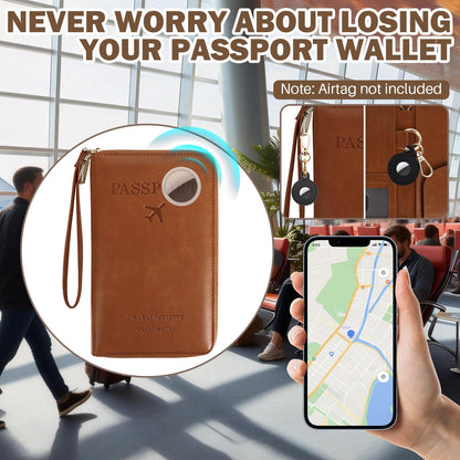 Playexen RFID Blocking Passport Wallet, Anti Theft PU Leather Passport Pouch with Tracker Case, Travel Document Organizer Zipper Wallet with Wrist Strap, Gifts for Women and Men (Brown)