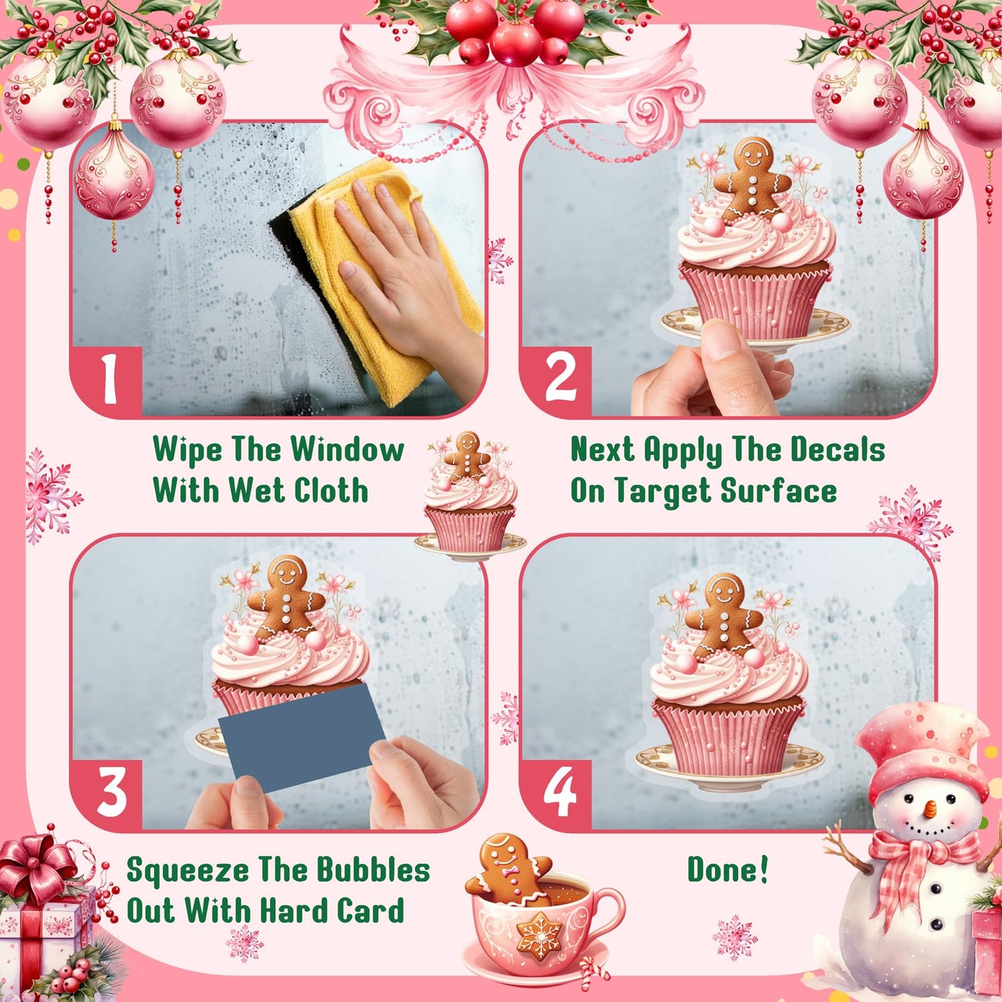 Pink Christmas Window Clings Removable Snowman Static Decals Indoor Home Decoration Double-Sided Xmas Tree Stickers for Glass Winter Pine Tree Snowflakes Cling for Living Room Holiday Party Supplies
