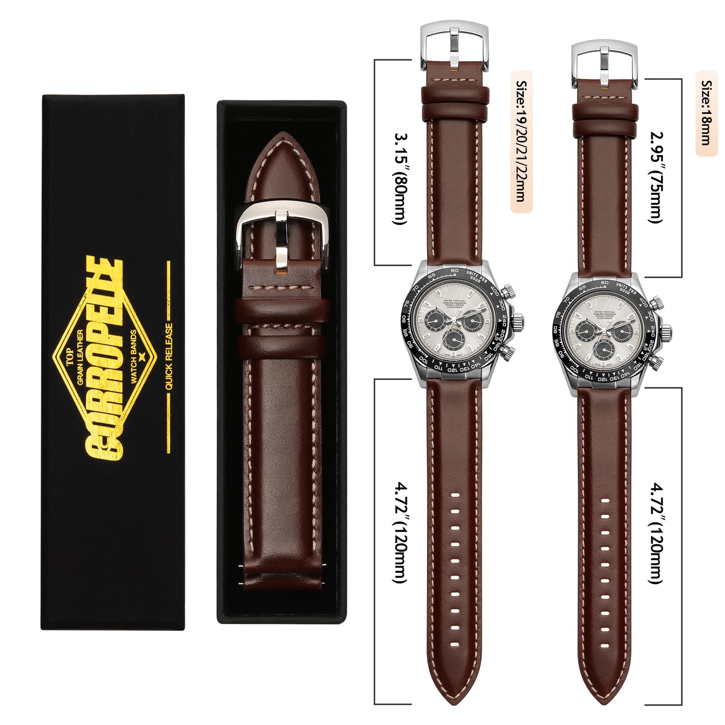 CORROPELLE Leather Watch Bands Quick Release, Elegant Top Grain Leather Watch Straps Band Replacement for Men and Women, Watch and Smartwatch, Choice of Width 18mm 19mm 20mm 21mm 22mm