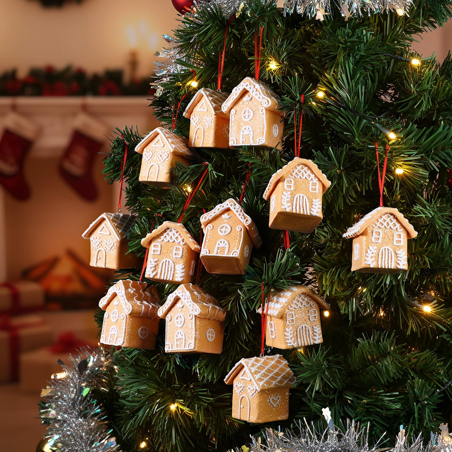 Vesici 12Pcs 3D Christmas Gingerbread House Ornaments for Christmas Tree 3 Styles Mini Cookie House Hanging Decorations for Village Home Decor Holiday Xmas Tree Party