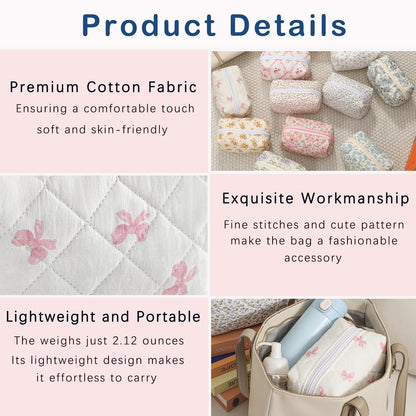 RSRSLEII Small Quilted Cotton Makeup Bag, Cute Floral Cosmetic Bag, Cotton Aesthetic Makeup Pouch, Kawaii Travel Toiletry Bag for Women and Girls (12White Pink Bow)