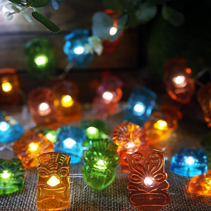 Tiki Mask String Lights Outdoor Waterproof 7FT 20PCS, Tropical Hawaiian Luau Party Lights Battery Operated LED with Remote Control, Patio Garden Porch Yard Pool BBQ Tiki Bar Summer Decorations