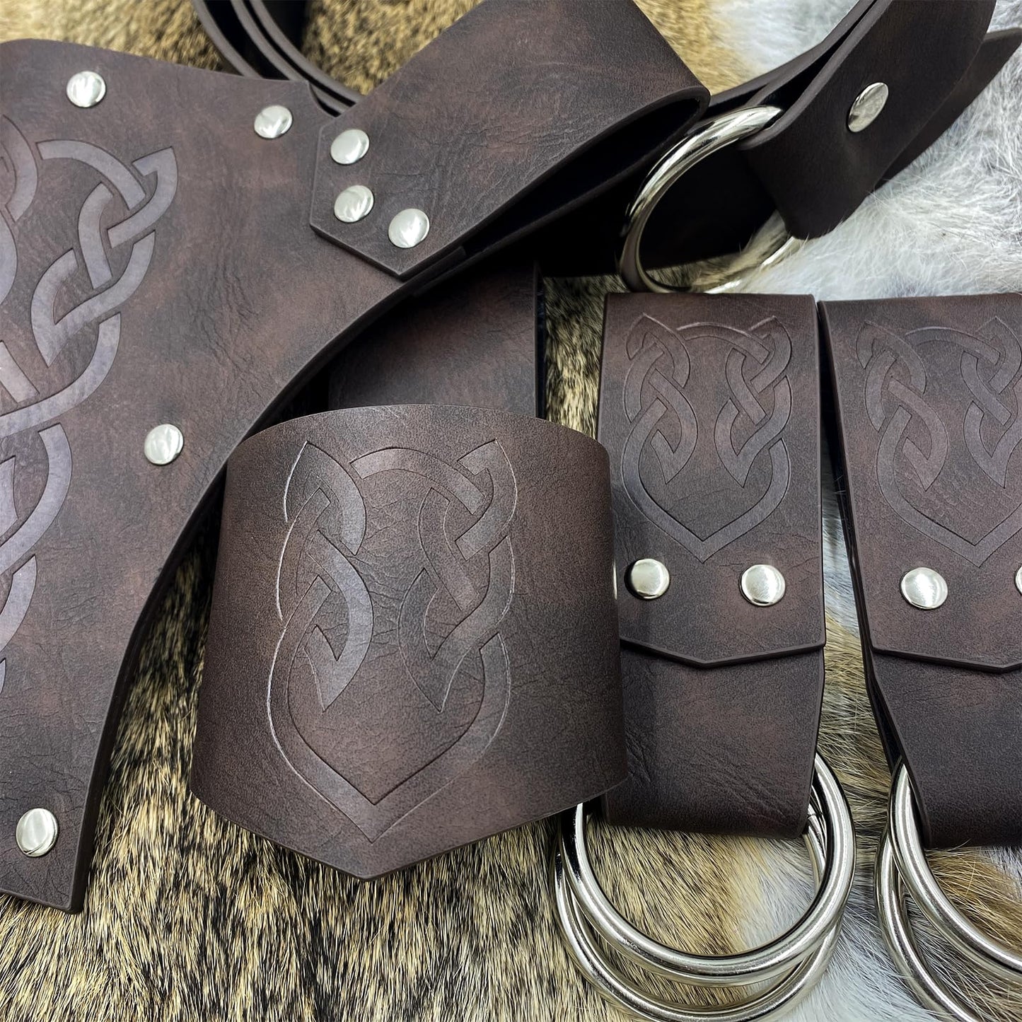 EpicCos 6 PCs Renaissance Belt Costume Medieval Accessories Belt Pouch Skirt Hiking Sword Frog Viking Horn Holster (Brown A)