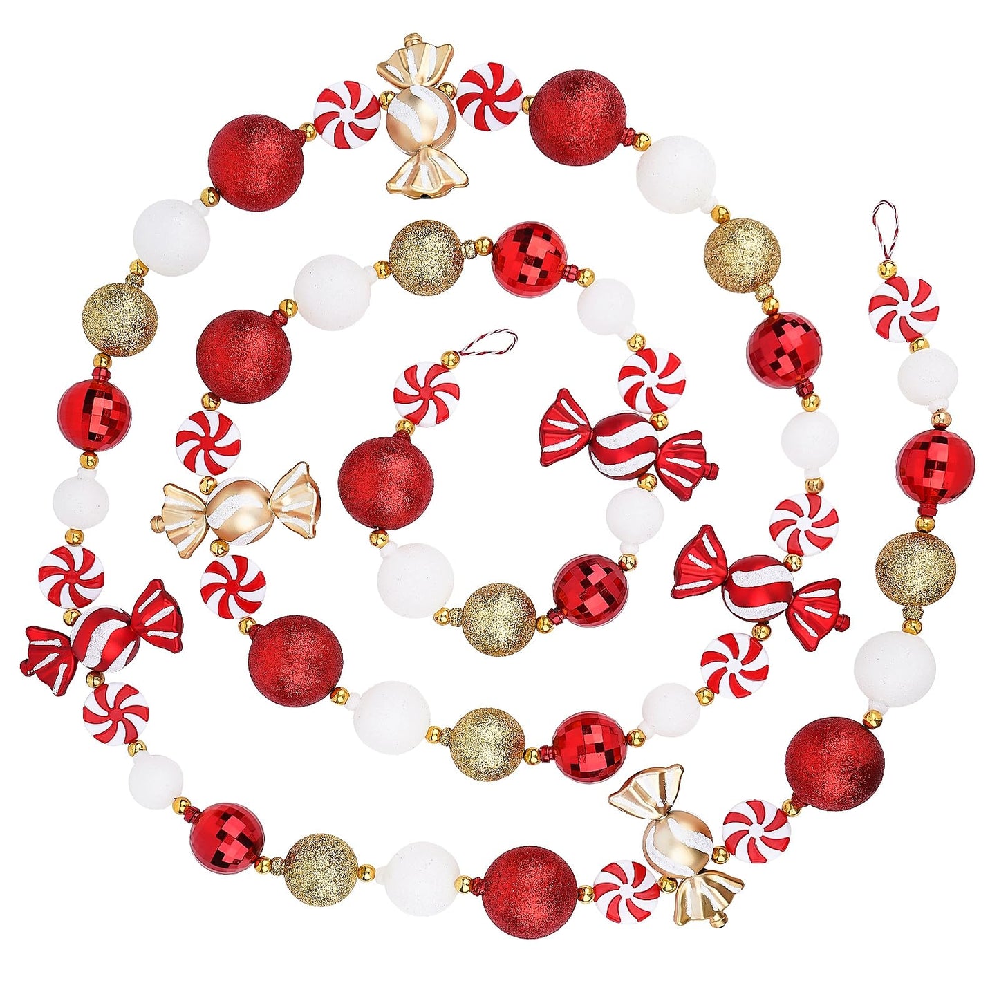 Candy Garland Christmas Decorations 9FT, Red White Gold Candy Bead Garland for Christmas Tree, Mantle, Party, and Holiday Decor