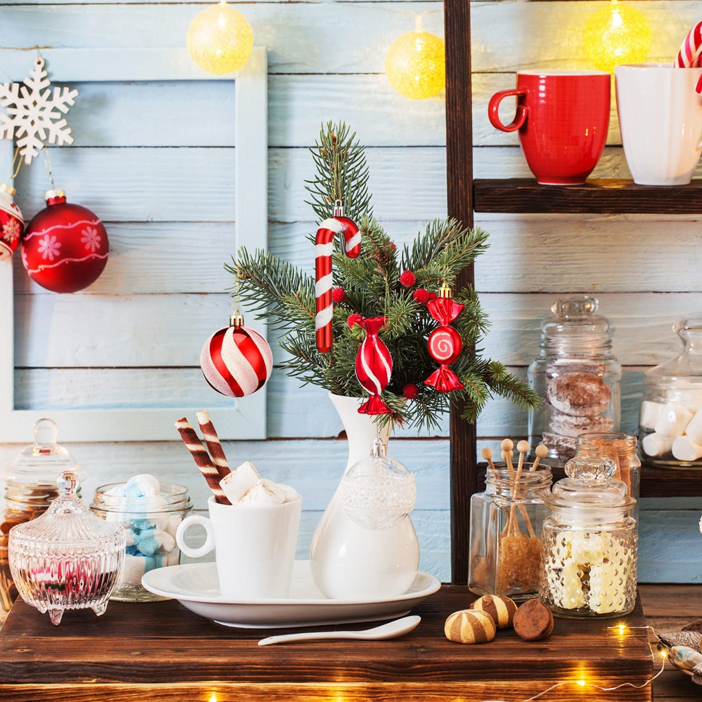 Aoriher 24 Pcs Christmas Candy Cane Ornament Red and White Plastic Peppermint Candy Cane Christmas Decorations Xmas Hanging Lollipop Pattern Decorations with Rope for Xmas Party Holiday Festival Decor