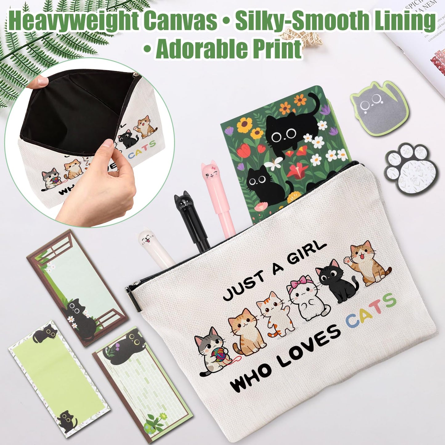 SUMMERGIFTS 6 Pcs Cat Stationery Set Pens Sticky Notes A5 Spiral Notebooks Makeup Bag Pencil Pouch for Girls Women Cute Cat Lovers Christmas Birthday Gifts School & Office Supplies (Cat Floral)