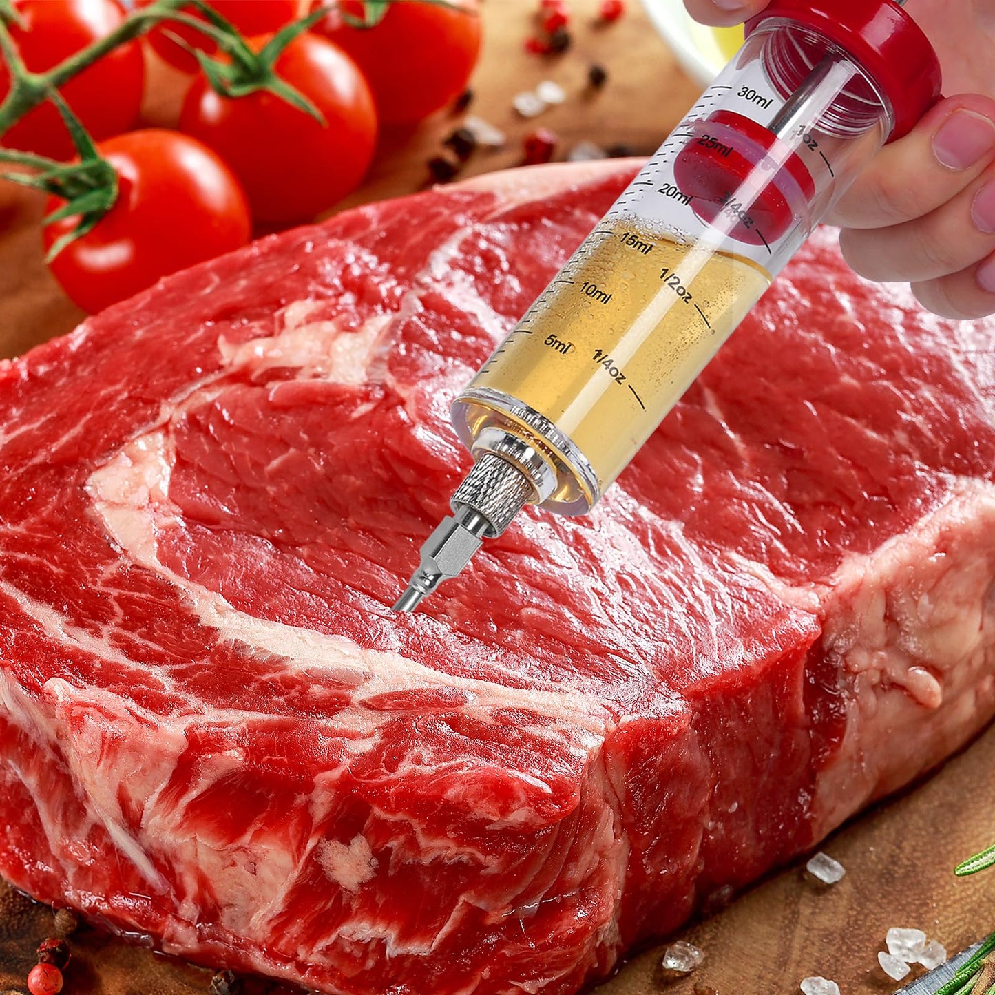 Meat Injector Syringe - 3 Marinade Injector Needles for BBQ Grill, Premium Portable Turkey Injector kit for Smoker,Marinades Injector for Meats With 1oz Large Capacity 1 Brush Easy to Use & Clean Red