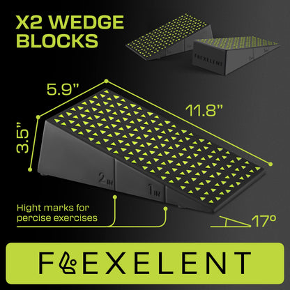 Flexelent Squat Wedge Block Pair - Heel Elevated Squat Wedge for Deeper Squats, Heavy Lifting and Better Form - 17° Angle Exercise Wedges, Slant Board for Squats with Carry Backpack - Lime Green