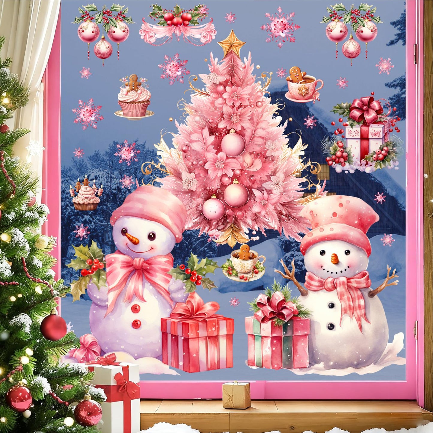 Pink Christmas Window Clings Removable Snowman Static Decals Indoor Home Decoration Double-Sided Xmas Tree Stickers for Glass Winter Pine Tree Snowflakes Cling for Living Room Holiday Party Supplies