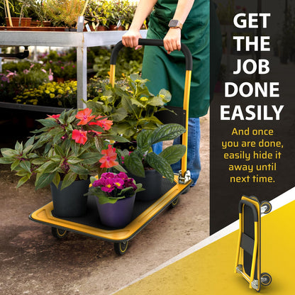 Heavy Duty Foldable Push Cart Dolly | 330 lbs. Capacity | Upgraded Collapsible Hand Truck Folding Platform with Swivel Wheels | Flat Bed Moving Wagon | Space Saving Push Handle (Yellow)