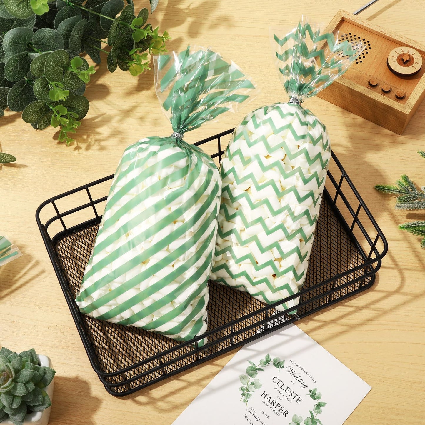 Whaline 160 Pcs Sage Green Cellophane Treat Bags Stripe Wave Dot Plastic Gift Bags Candy Goodie Bag with Twist Ties for Wedding Baby Shower Birthday Party Cookie Snack Packing Supplies, 5.1 x 10.6 Inch