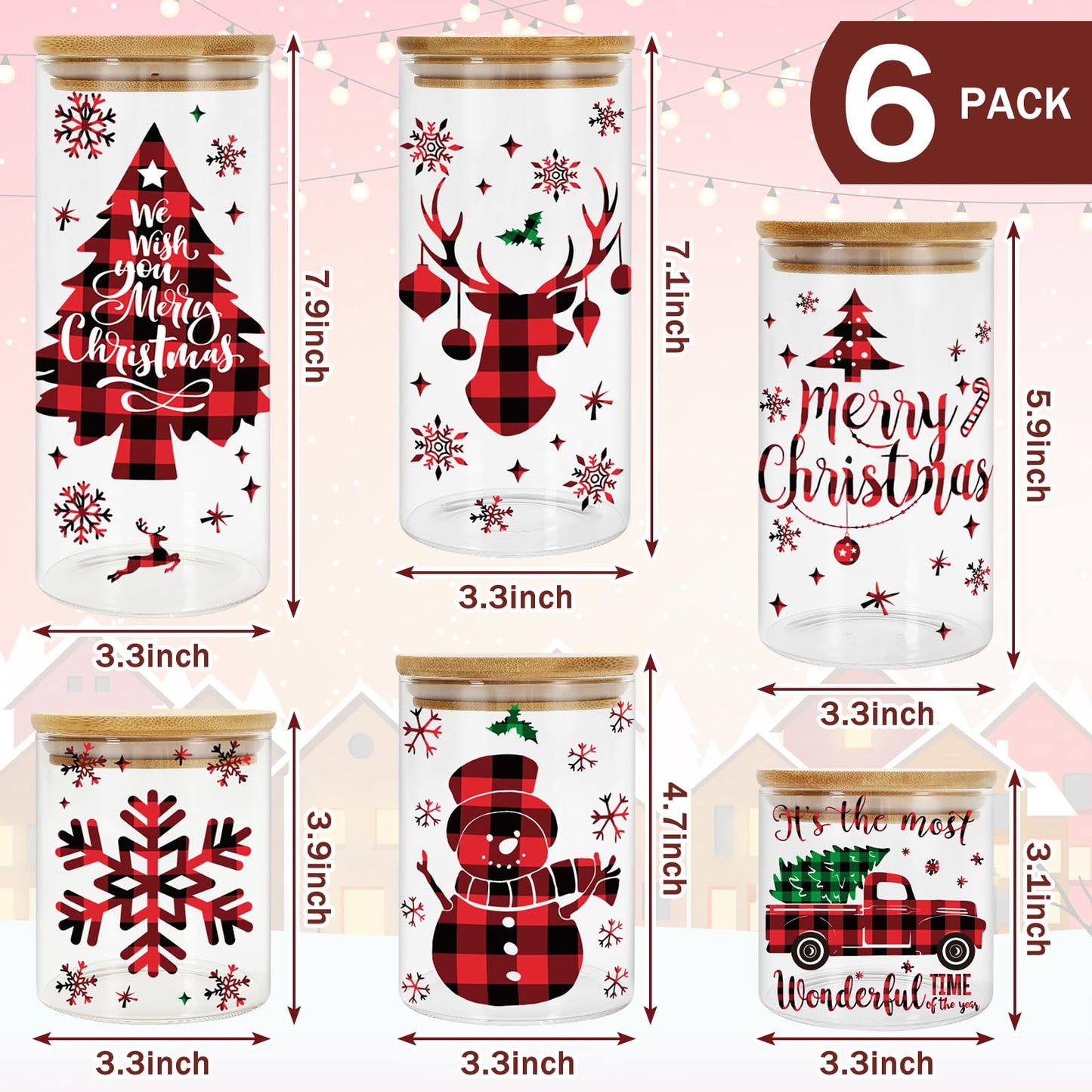 JarThenaAMCS 6Pcs Merry Christmas Glass Storage Jars with Airtight Lid Red Black Plaid Xmas Tree Snowman Reindeer Snowflake Canisters Sets for Home Kitchen Countertop
