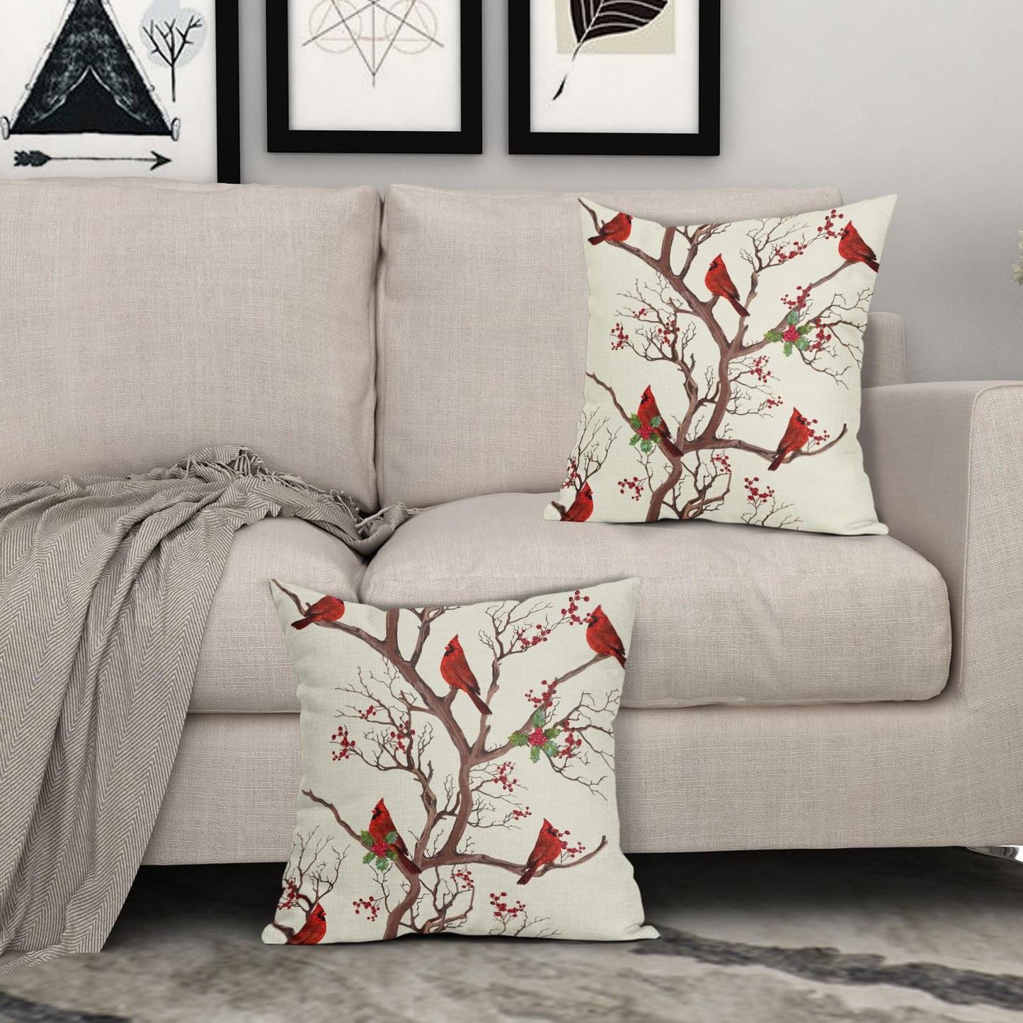 Aytipun Red Winter Bird Pillow Covers 18x18 Set of 2 Rustic Christmas Bird Branches Leaf Print Decorative Outdoor Pillowcases Rustic Farmhouse Throw Cushion Case Decor for Couch Sofa Bed