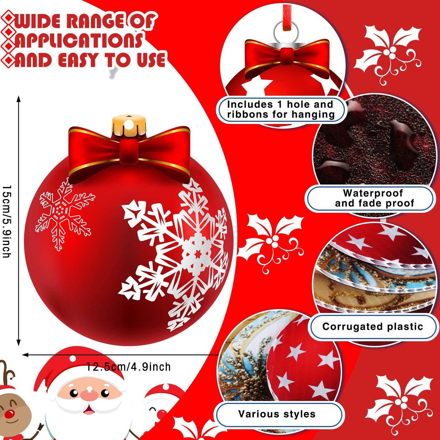 Rtteri 30 Pcs Large Christmas Ball Shape Ornaments for Outdoor 4.9 Inch Double Sided Plastic Christmas Hanging Ornaments Balls for Xmas Tree Indoor Outdoor House Porch Yard Supplies