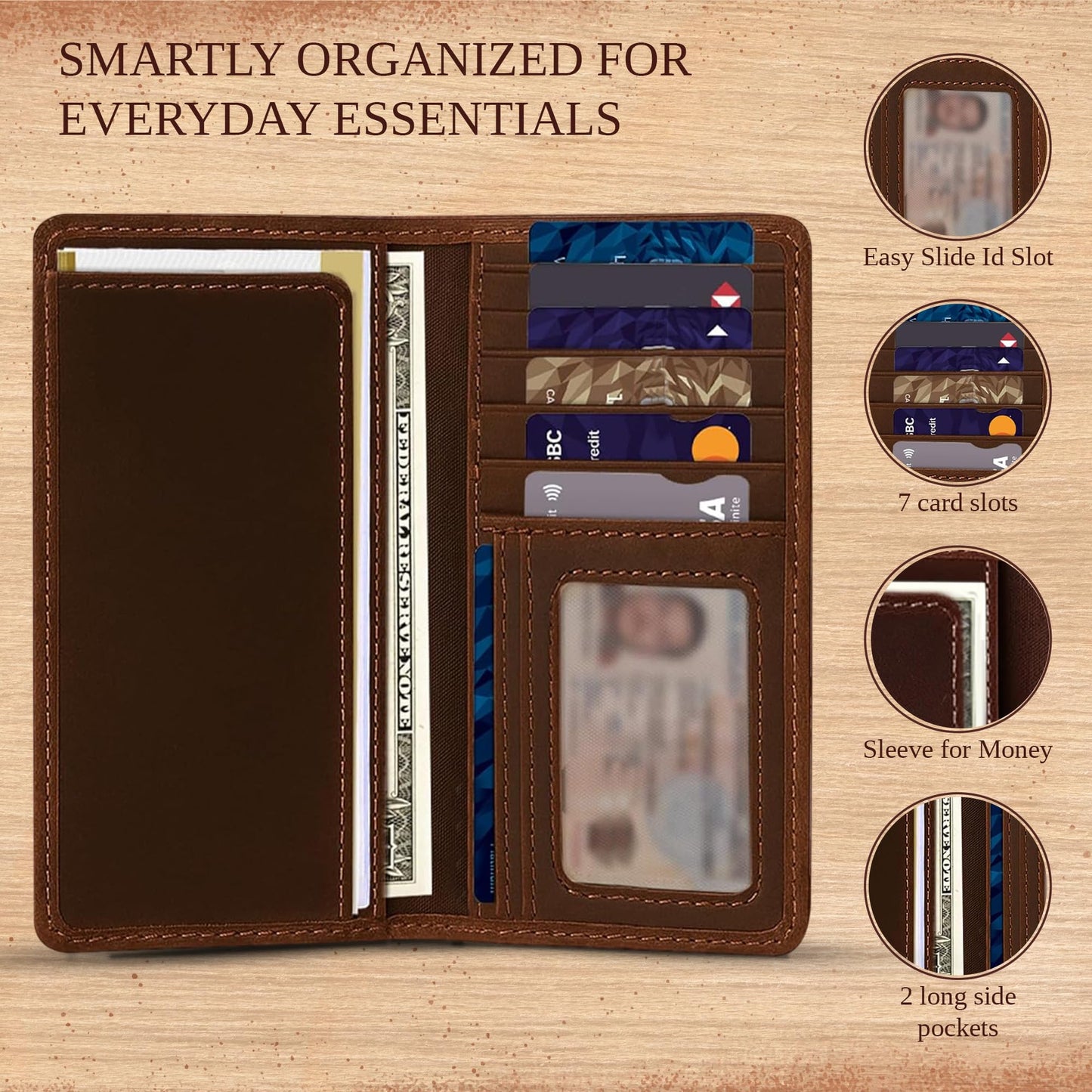 RAW HYD Full-Grain Leather Long Wallet for Men-Classic Bifold Western Wallet for Men-Minimalist Cowboy Wallets for Men-Rodeo wallets for men-Checkbook Cover & Gift for Him (Bourbon Brown)
