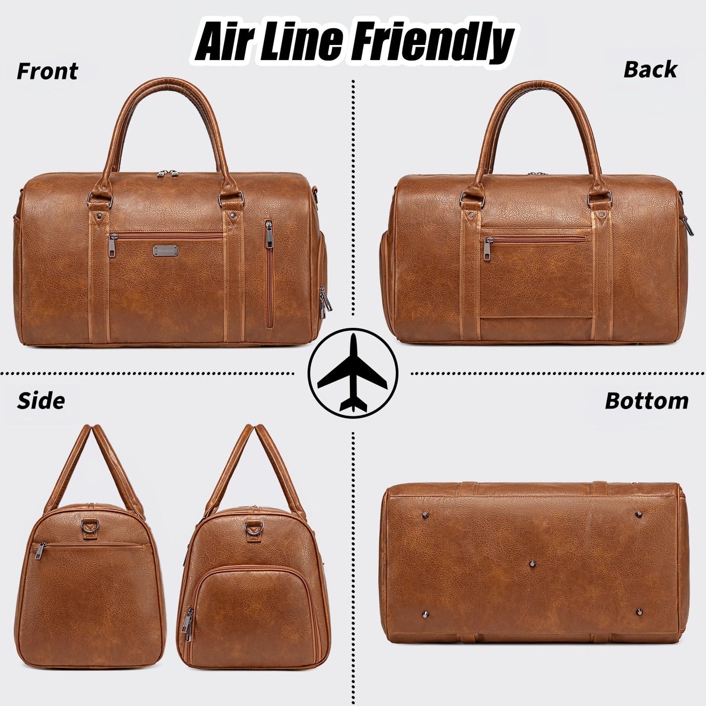 Large Travel Duffel Bag for Women Men, Faux Leather Weekender Overnight Bag with Shoe Compartment, Waterproof Carry On Bag with Toiletry Bag, Travel Tote Bag Gym Bag (Brown)