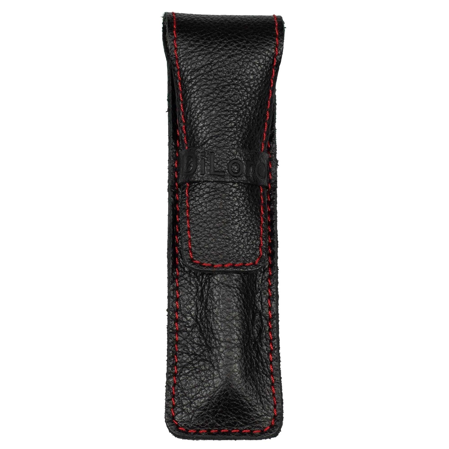 DiLoro Full Grain Leather Single Pen Case Holder Pouch Pencil Organizer (Buffalo Black w Red)