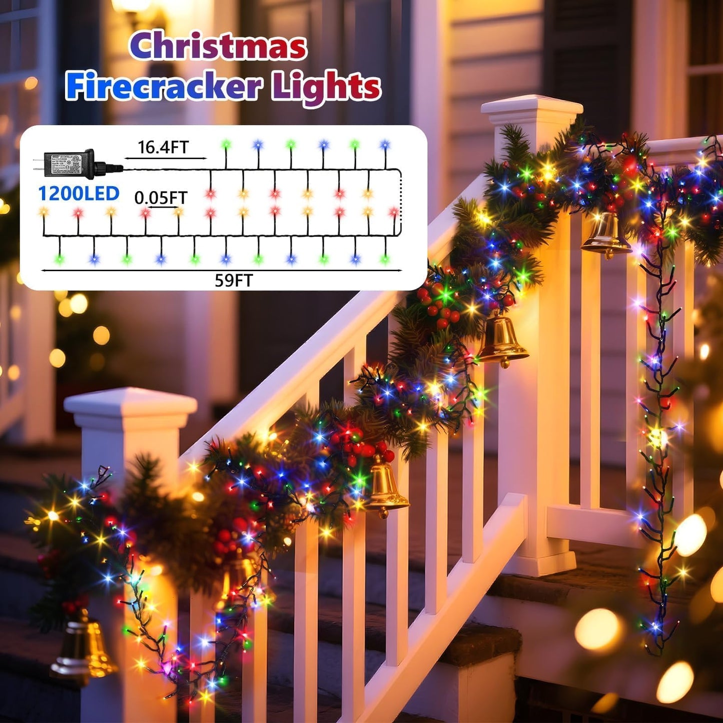 1200 LED 59FT Christmas Cluster Lights, Multicolor Christmas Tree Lights Outdoor, Firecrackers String Light with 12 Modes Timer Remote, Waterproof Plug in Twinkle Fairy Light for Xmas Tree Garland
