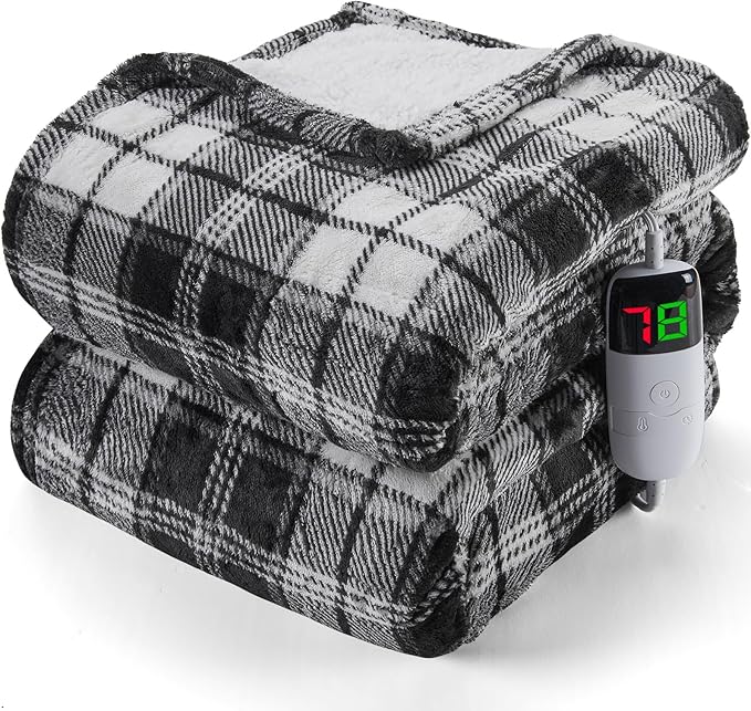 Black Heated Blanket Electric Full Size,72X84 Heating Blanket,Plaid Soft Sherpa Blankets Warmer Gift for Grandma Women Adult,Fast Heating Washable